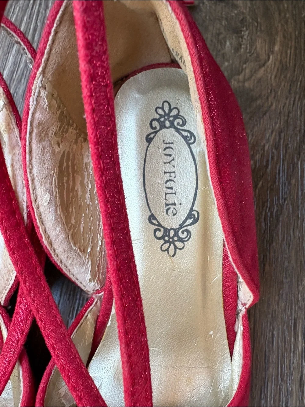 Joyfolie Red Jeweled T-Strap Peep-Toe Heels